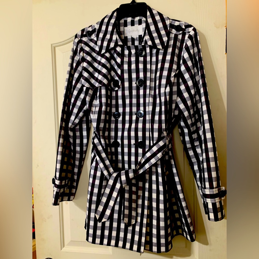 relativity, ladies black and white plaid rain jacket size large